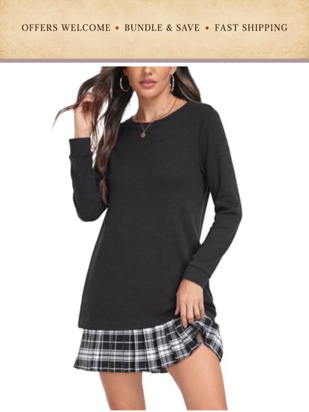 Womens Casual Long Sleeve Mini Dress with Pockets Pleated Tunic Top